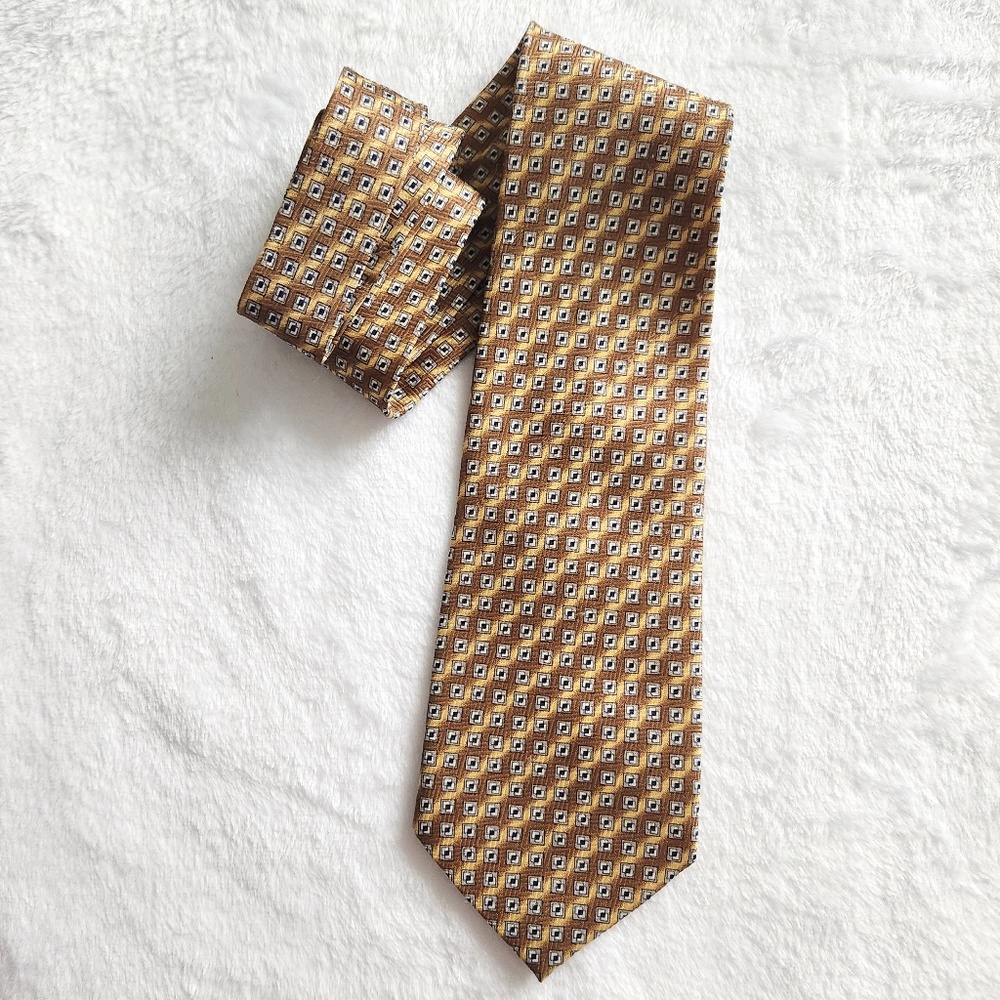Vintage 90s Geometric Gold Tie Foulard Square White Navy Men's Tall Cornerstone‎